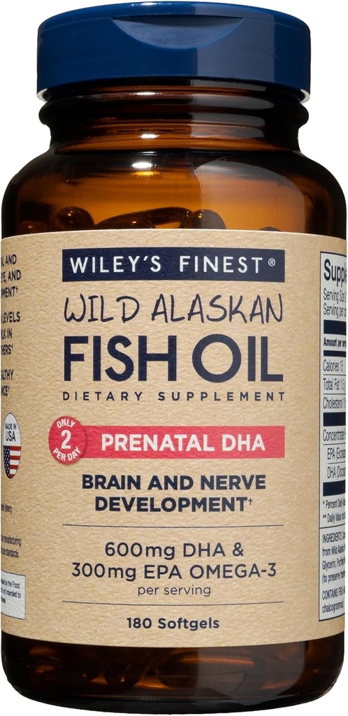 Wiley's Finest Wild Alaska Fish Oil Prenatale DHA - 900mg EPA en DHA Omega-3s voor zwangere vrouwen en verpleegsters - 180 Softgels (90 Prenatale Vitamine Servings)
