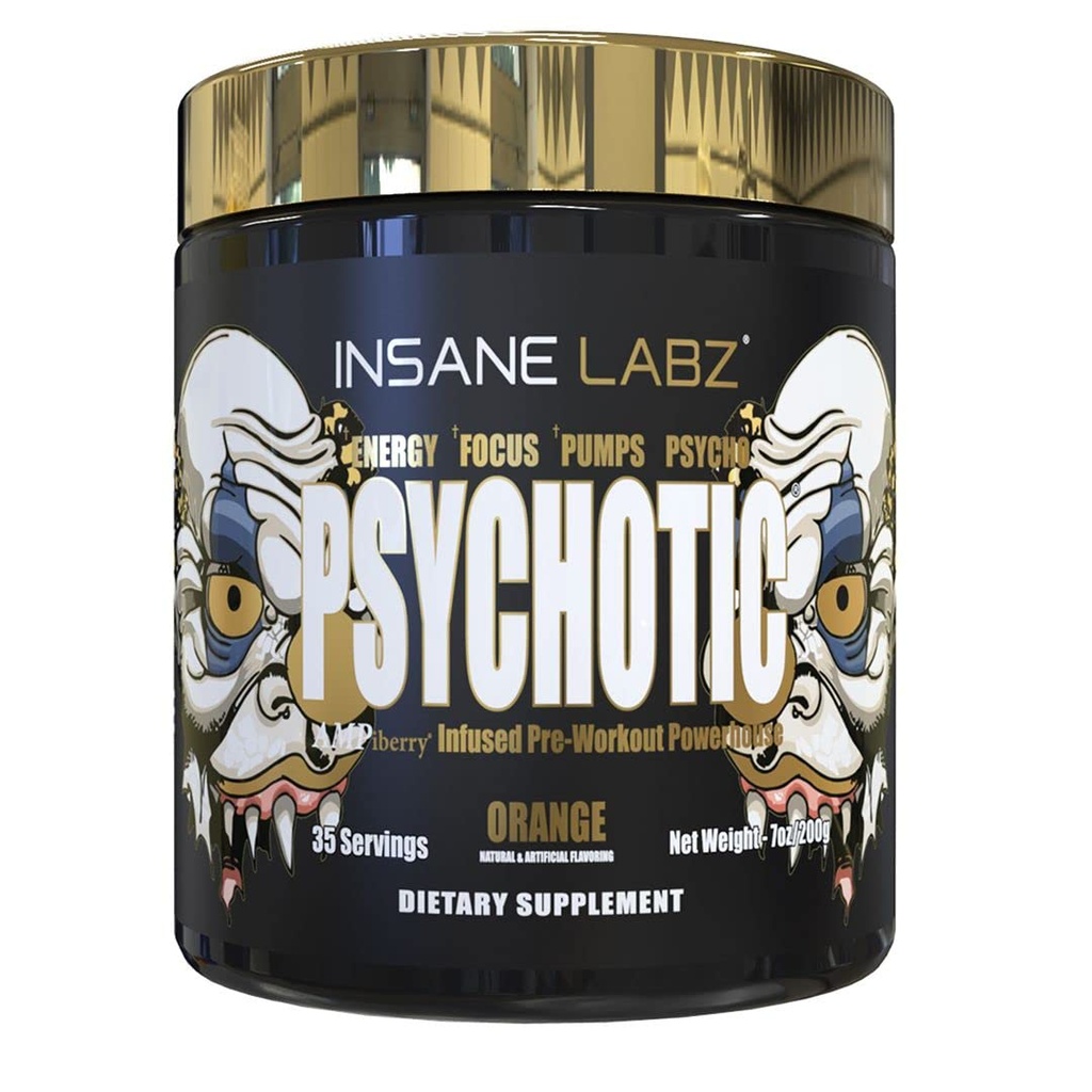 Insane Labz Psychotic Gold, High Stimulant Pre Workout Powder, Extreme Lasting Energy Focus, Pompen en Endurance met Beta Alanine, DMAE Bitrate, NO Booster (35 Servings, Orange)