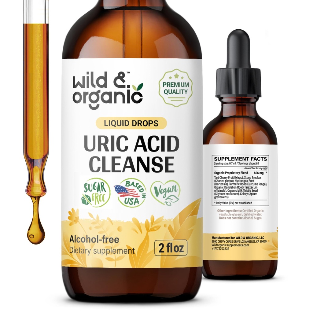 Wild & Organic Uric Acid Cleanse Drops - Tart Cherry, Kurkuma, Chanca Piedra Stone Breaker Complex for Kidney Cleanse - Uric Acid Support Supplement - Vegan, Sugar & Alcoholvrije Tinctuur - 2 oz