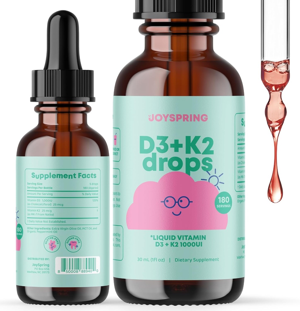 JoySpring Liquid Vitamin D3 met K2 Vitamine D voor kinderen - Immuun Ondersteuning voor kinderen, Dagelijkse Multivitamine met Burdock Root & Vlierbes voor kinderen Immuun Booster en Natural Kids Focus Supplementen Drops