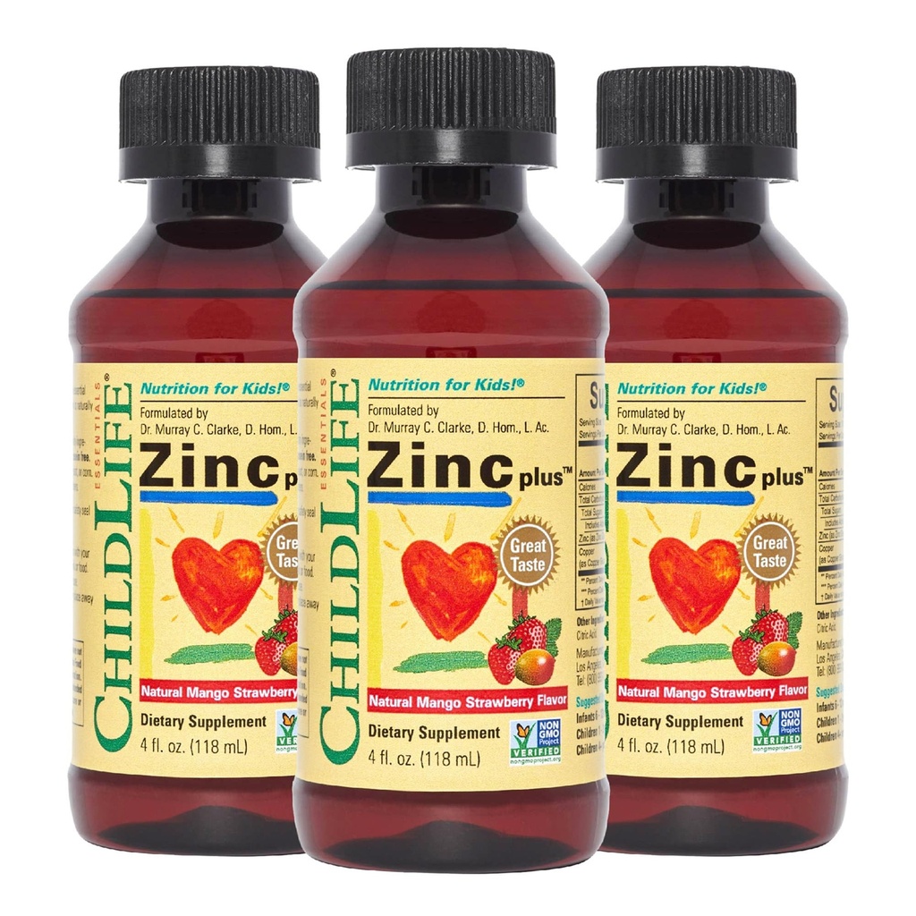 ENFANT ESSENTIELS Liquid Zinc Plus pour les enfants et les tout-petits - gouttes de supplément liquide, gluconate de zinc et cuivre pour le support immunitaire - Fraise de mangue, 4 Fl Oz (paquet de 3)