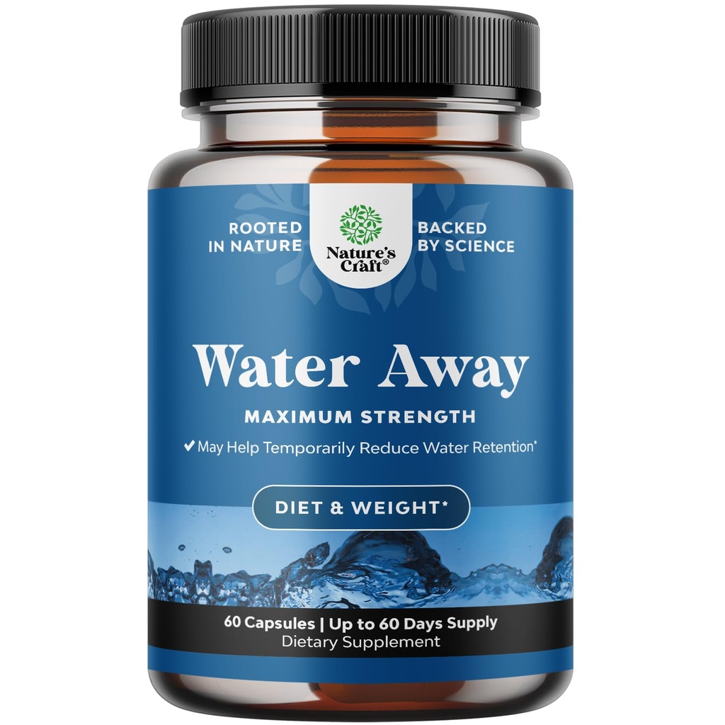 Water Away Herbal Diuretic Pillen Hoge sterkte - Vochtretentie Supplement met Dandelion Leaf Extract & Green Tea for Bloating Relief for Women & Men - Capsules for Leg & Feet Swelling - 60 Tel.