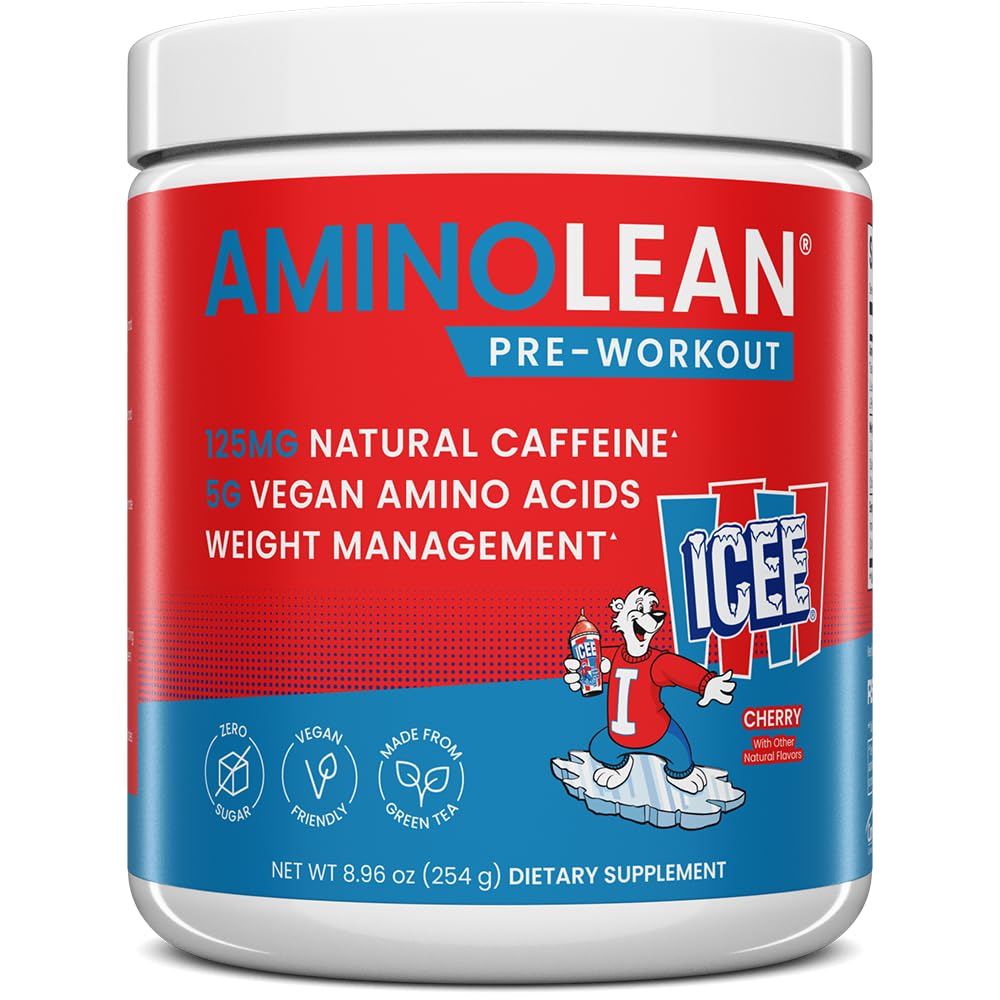 AminoLean x ICEE Pre Workout Powder, Amino Energy with Natural Caffeine from Green Tea, Vegan BCAA Amino Acids, Cherry, 30 Servings