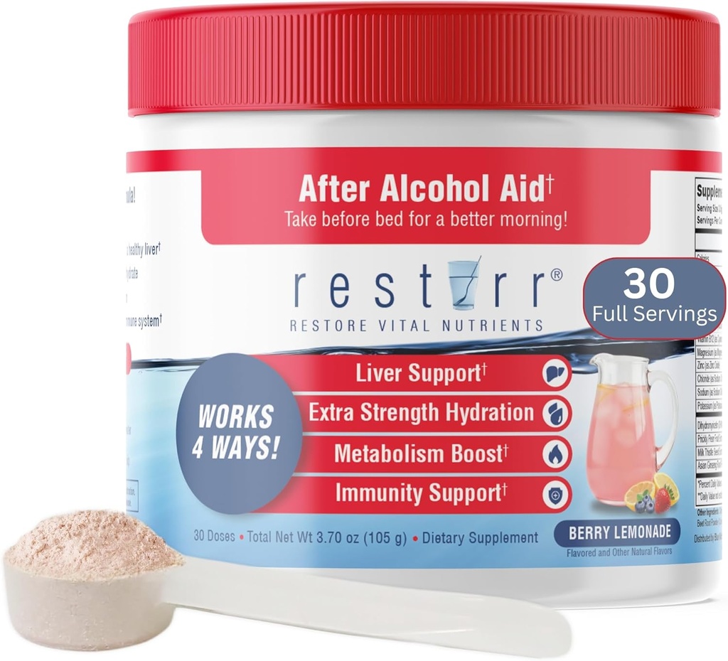 restirr Na Alcohol Hulp & Herstel: Ondersteunt de gezondheid van de lever, verhoogt de stofwisseling en ondersteunt het immuunsysteem met DHM, melkdistel, B-complex, hydratatie. 30 doses