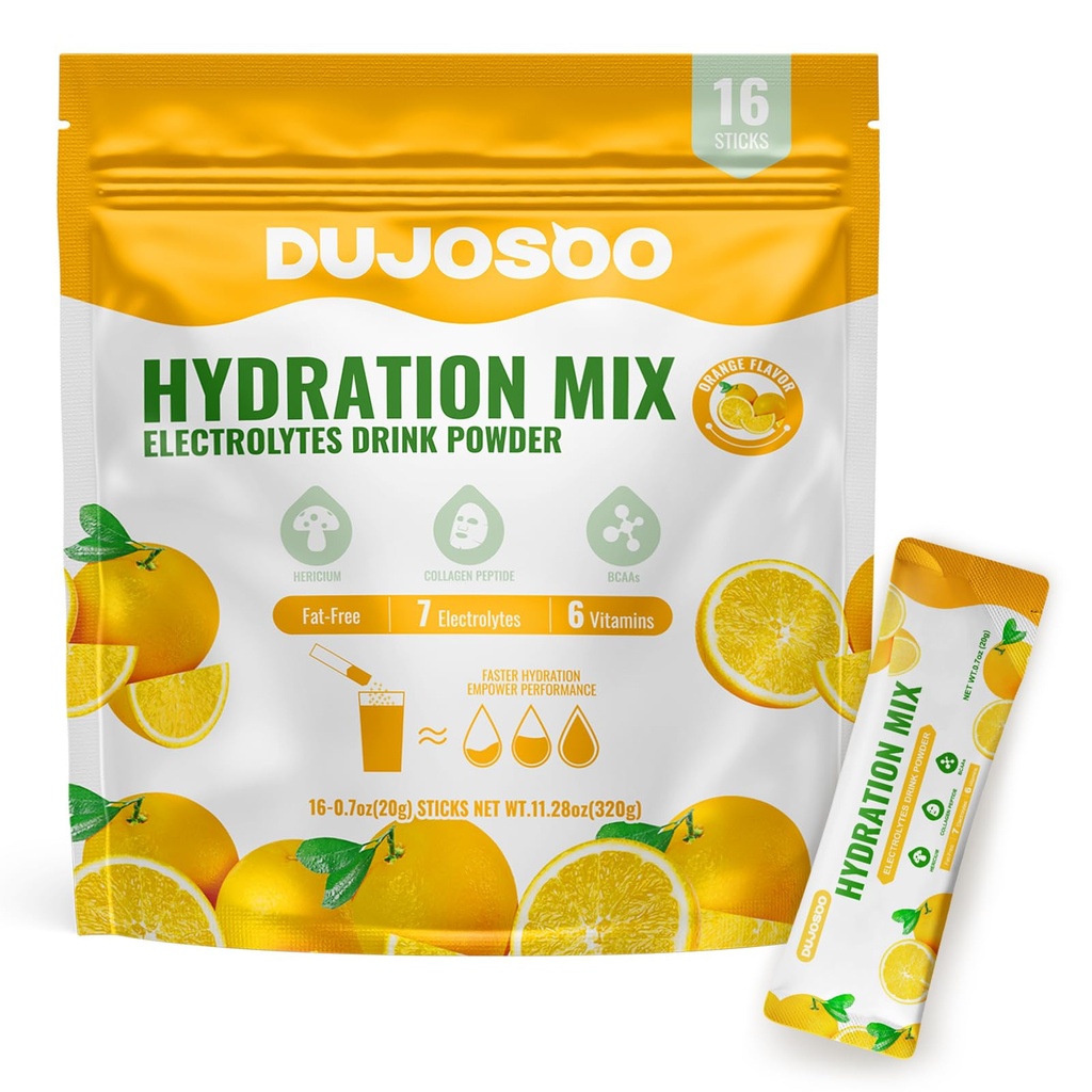 Electrolyte Powder, Sugar Free Sweet Orange Flavor, 7 Electrolytes & 6 Vitamins, with Lion's Mane, Collagen, BCAA, Keto Friendly, Vegan, Non-GMO, 11.28oz(16 Sticks)