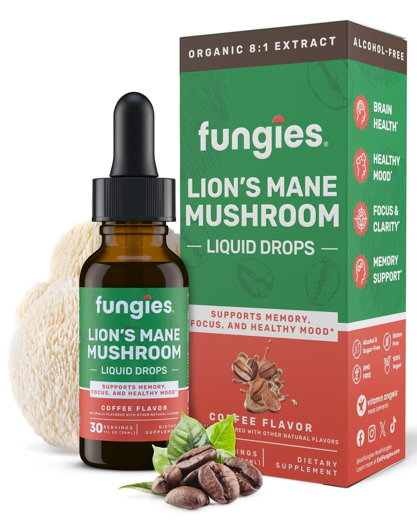Fungies Lion's Mane Mushroom Liquid Drops, Koffie - Tinctuur met Lions Mane Extract Ondersteunt Hersen Fog, Focus, Geheugen & gezonde Mood - Mushroom Complex Supplement voor volwassenen - 30 porties