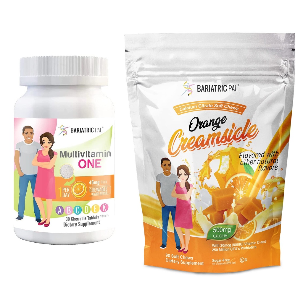 BariatricPal 30-Day Bariatric Vitamin Bundle (Multivitamin ONE 1 per Day! Chewable with 45mg Iron - Orange Citrus and Calcium Citrate Soft Chews 500mg with Probiotics - Orange Creamsicle)