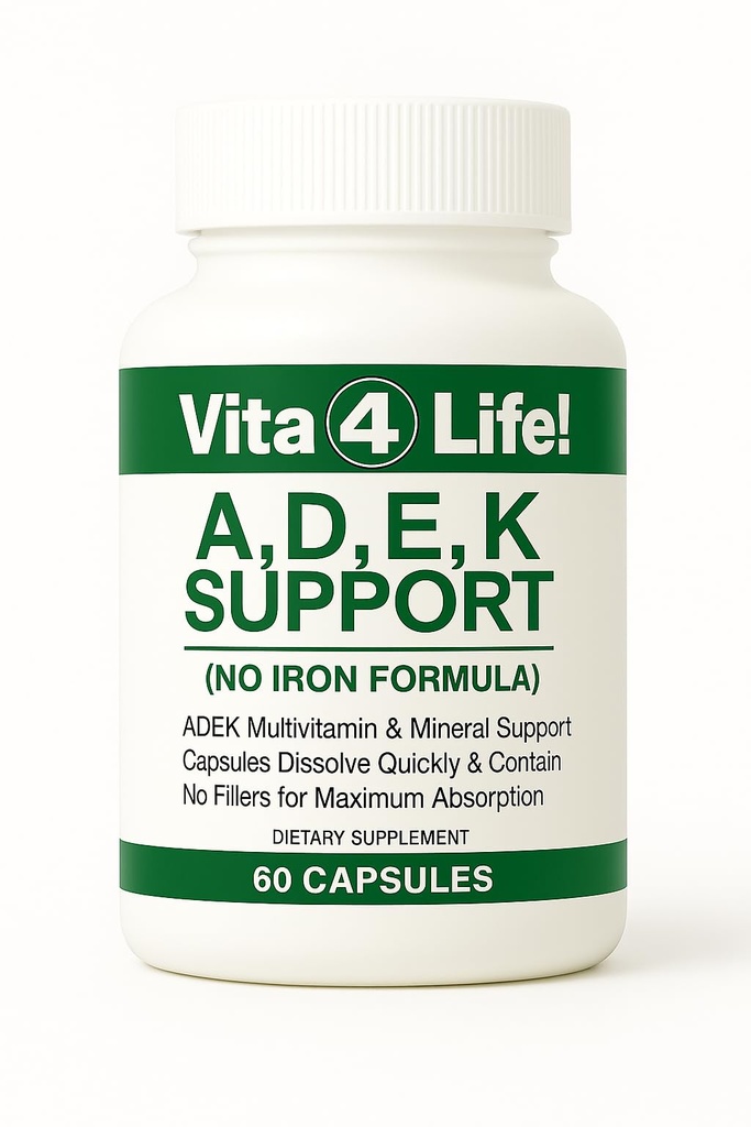 Vita4Life!® ADEK Fat Soluble Vitamins A D E K - High Absorption Bariatric Multivitamin - No Iron Formula with B-Complex & Calcium - 60 Fast Dissolving Capsules for Post Surgery & General Health