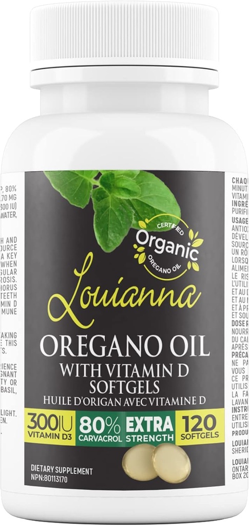 Louianna - Biologische Wilde Oregano olie met vitamine D, vloeibare Softgel Capsules met 80 Procent Carvacrol, Ondersteunt uw botten, Immune en Gut Health, Kruidensupplementen, 120 Softgels