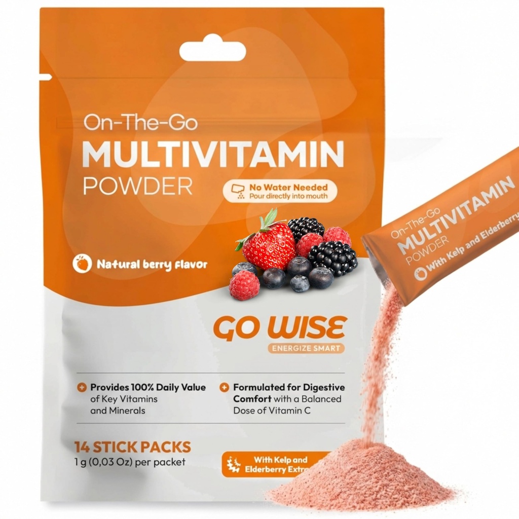 Go Wise Multivitamin Powder for Women and Men - No Water, No Pills | Vitamin B Complex, Vitamin D3, Zinc & Elderberry | Bariatric Multivitamin | Vegan Immune and Energy Support | Natural Berry