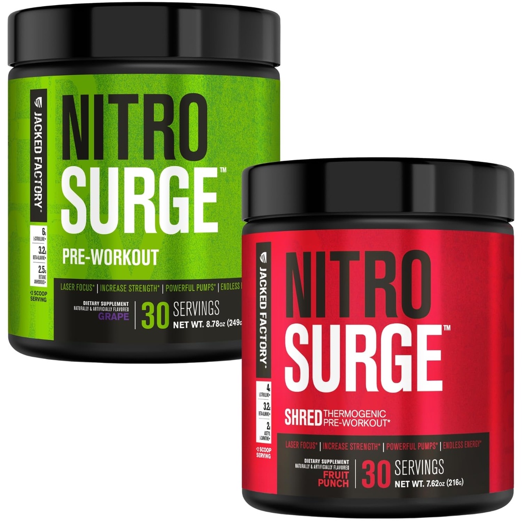 Nitrosurge d'usine Jacked Pré-entraînement dans le raisin et les fruits Punch Nitrosurge Pré-entraînement thermogénique Shred pour les hommes et les femmes