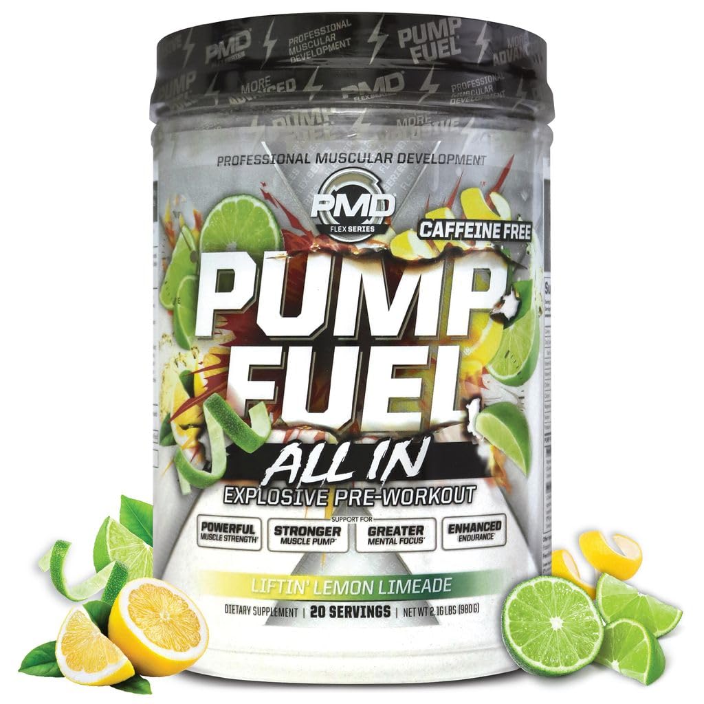 PMD Sports Pump Fuel ALL IN Caffeine Free, Ultimate Pre Workout Powder & Muscle Pump, Greater Focus, Endurance & Recovery, Premium Creatine, Arginine & Beta Alanine, Liftin' Lemon Limeade, 20 Servings