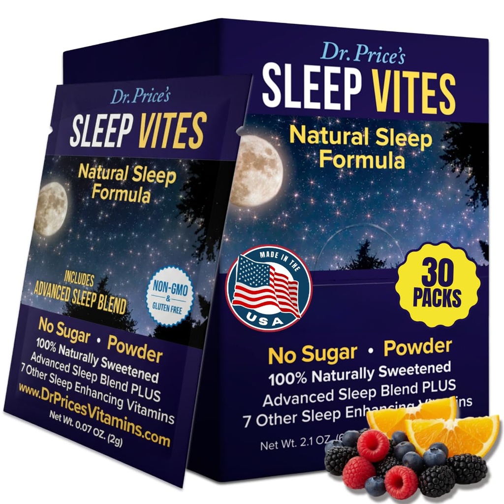 Vitamines du Dr Price Aide naturelle au sommeil - Supplément de sommeil - Mélatonine pour le sommeil - 30 paquets - Aide au sommeil Adultes, Tryptophane, Poudre de magnésium calmante, Soutien au sommeil non somnolent