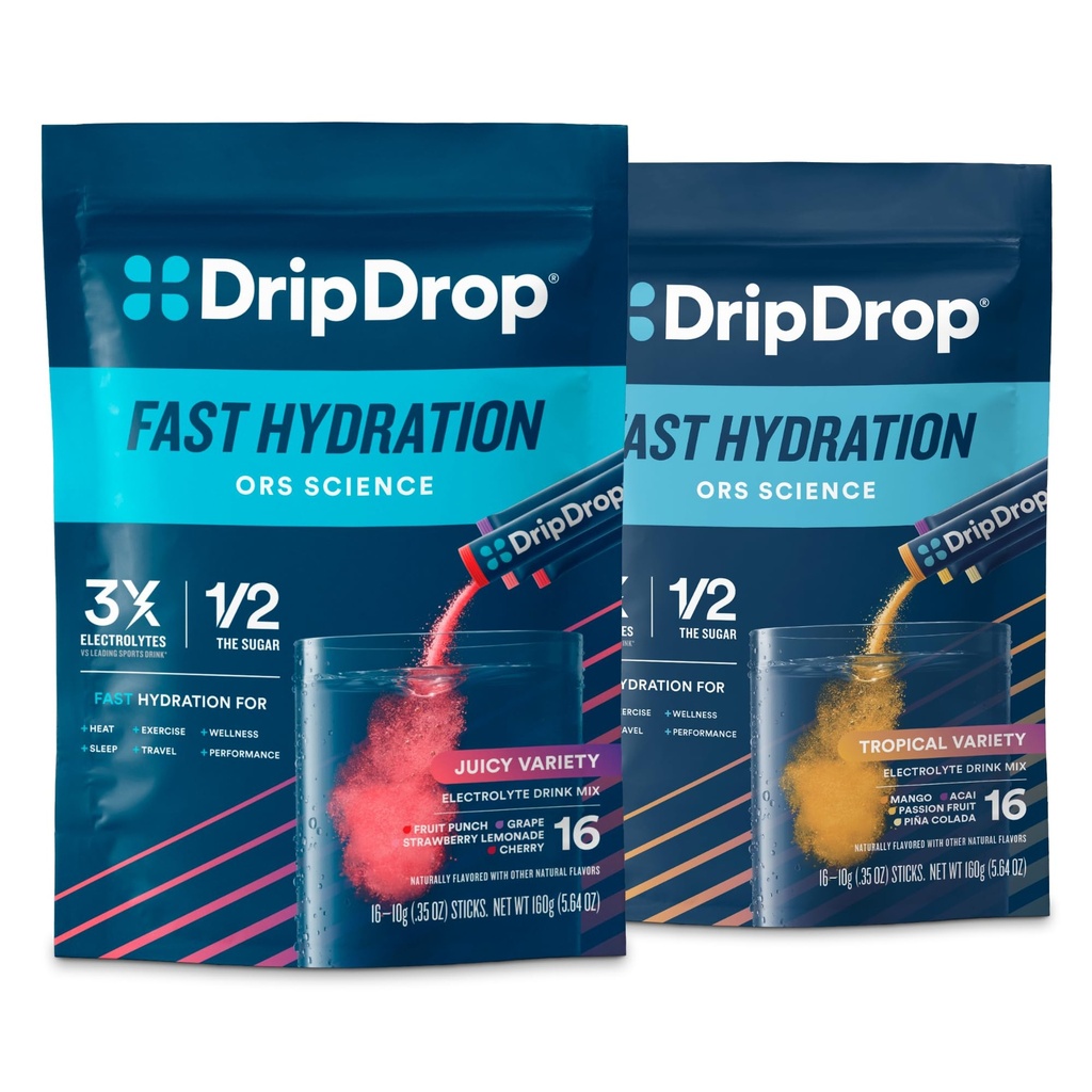 DripDrop Hydration - Electrolyte Powder Packets - Piña Colada, Mango, Açaí, Passion Fruit, Grape, Fruit Punch, Strawberry Lemonade, Cherry - 32 Count