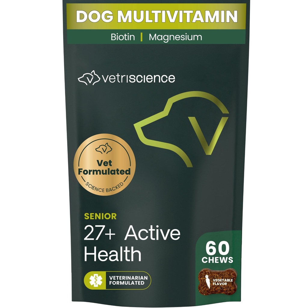VetriScience Senior 27+ Active Health Kauwen, Canine Plus Dagelijkse Multivitamine voor Senior Honden, Balanced Vitaminen, Mineralen en Antioxidanten, Gezonde Veroudering en Wellness Ondersteuning, Veggie, 60 Tellen