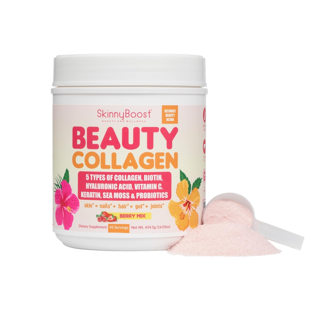 Beauty Collageen Powder-5 Soorten gehydrolyseerde collageen, Sea Moss, Biotin, Keratine, Hyaluronzuur, Vitamine C en Probiotica
