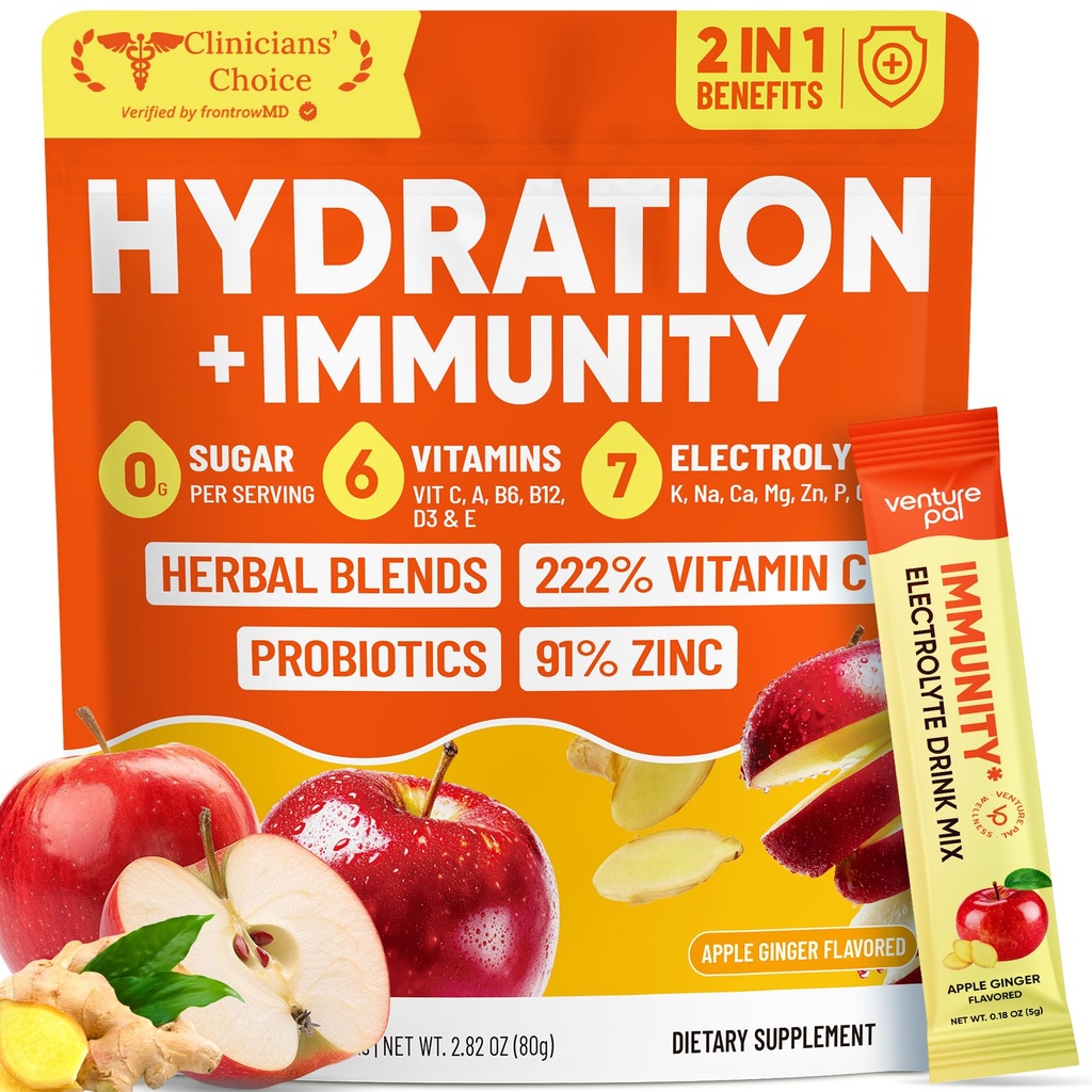 Venture Pal 2-in-1 Hydration + Immune Electrolytes Powder Packets with 7 Electrolytes & 6 Vitamins, Elderberry, Turmeric, Echinacea | Liquid Daily IV Drink Mix | Sugar Free | Keto Friendly, 16 Sticks