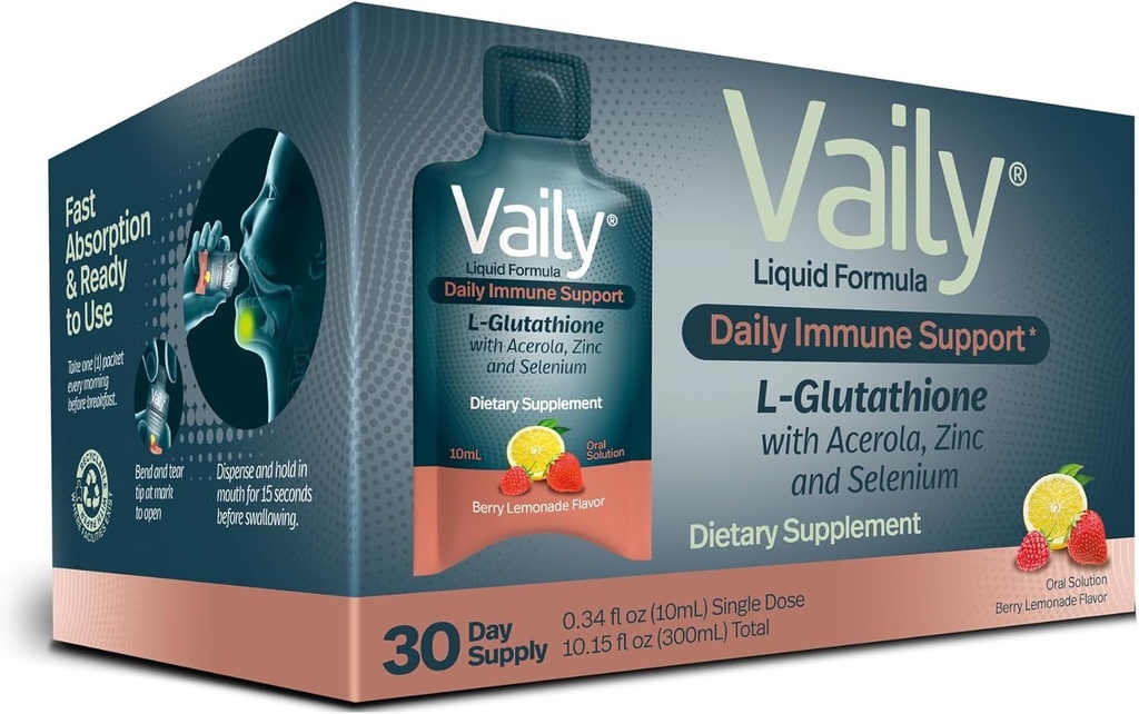 Vaily Immune Support Supplement for Adults - Liquid Glutathione Supplement 500 mg w/Acerola Vitamin C Zinc & Selenium - High Potency Antioxidant, Skin Health, Detox Every Day - 30 Single-dose Vials