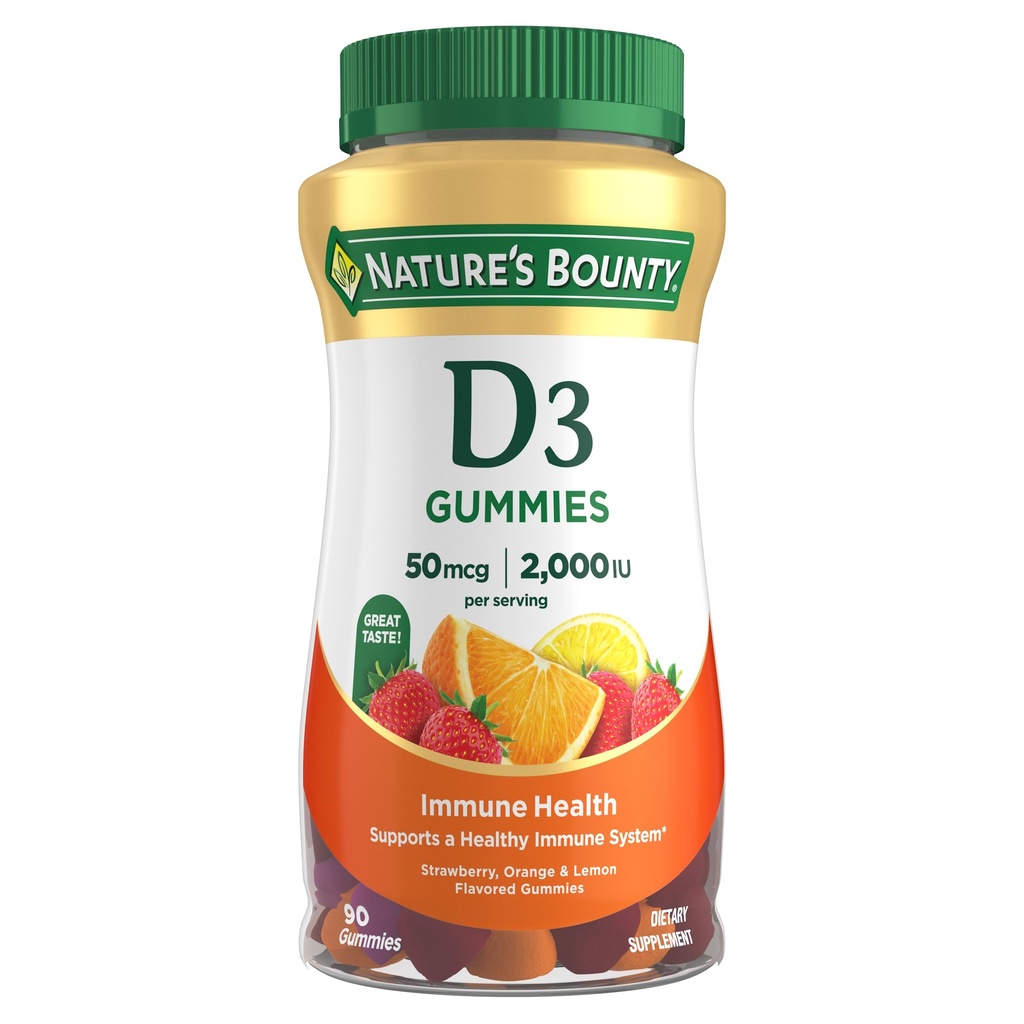 Nature's Bounty Vitamine D3 Gummies, Vitamine Supplement, Ondersteunt Immune Health, 50mcg, 2000IU, Gemengde Fruit smaak, 90 Gummies