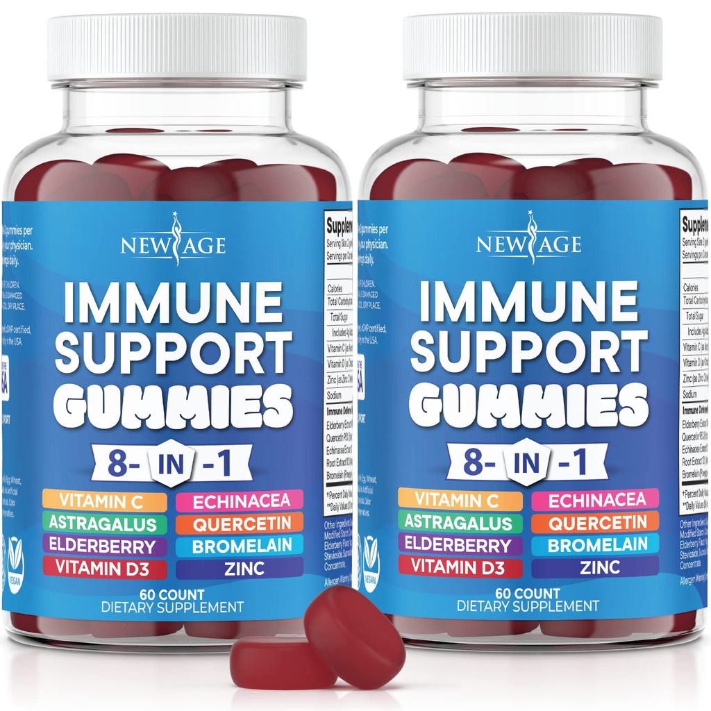NEW AGE 8 in 1 Immune Support Booster Supplement with Astragalus Root, Vitamin C and Zinc 50mg, Vitamin D 5000 IU, Quercetin & Bromelain (8 in 1 Gummies (Pack of 2))