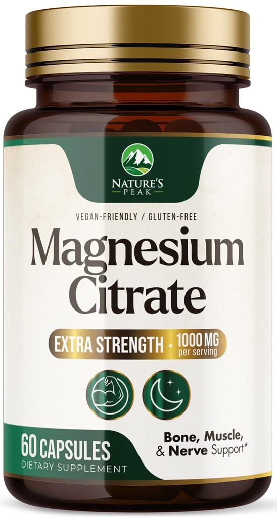 Magnesium Citrate 1000mg - Hoge Absorptie Magnesium Supplement Ondersteunt spier, bot, zenuw- en hartgezondheid - Extra sterkte Magnesio Complex Pillen - Non-GMO, Premium Energy Formula - 60 Capsules