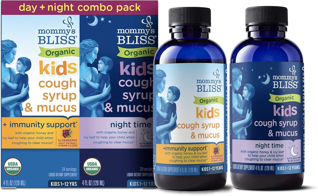 Mama's Gelukzaligheid Biologische Hoest Siroop & Slijm voor kinderen, Dag en Nacht Combo Pack met Vitamine C en Immuniteit Ondersteuning, Bevat Biologische Honing en Ivy Blad, 4 Fl Oz (Pack of 2)