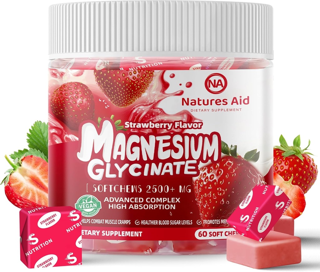 Magnesium Glycinate Zachte Kauwen, Aardbei Smaak. Kauwbare suikervrije Kalium Magnesium Kauwt met Magnesium Glycinaat, Vitamine D, B6, en CoQ10 voor Kalmte Ondersteuning & Slaap voor Volwassenen, 60 dagen levering