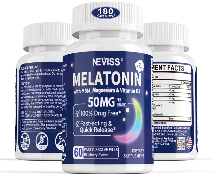 Melatonine 50 mg pour adultes - Extra Strength 9-en-1 Dissolve rapide Sublingual - w/Vitamine D3 & MSM, Relaxing mélange de plantes-Ashwagandha, Lemon Baume, Passionflower,Camomille,Sugar Free, Vegan 180 portions