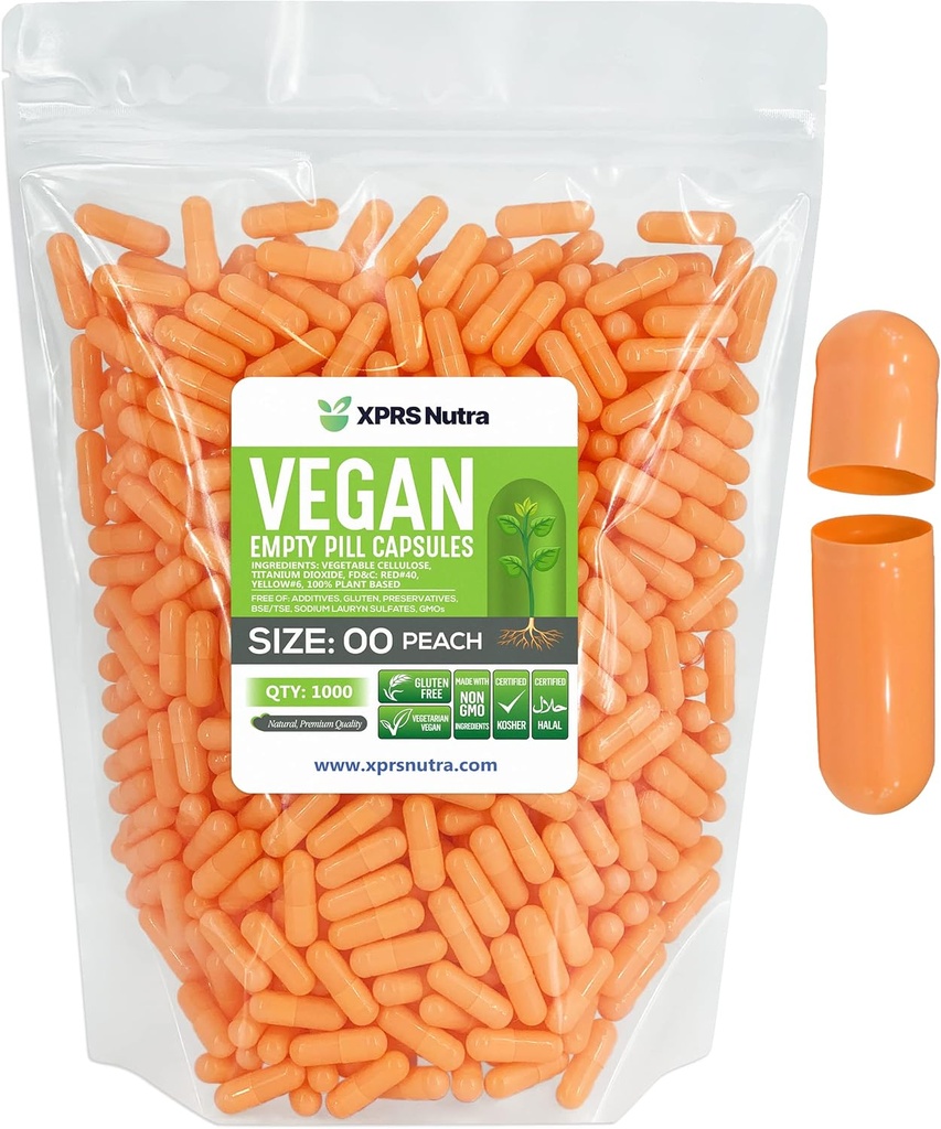 XPRS Nutra Formaat 00 Lege Capsules - 1000 Graaf Lege Vegan Capsules - Vegetarische Lege Pillen - DIY Plantaardige Capsule Filling- Veggie Pill Caps (Peach)