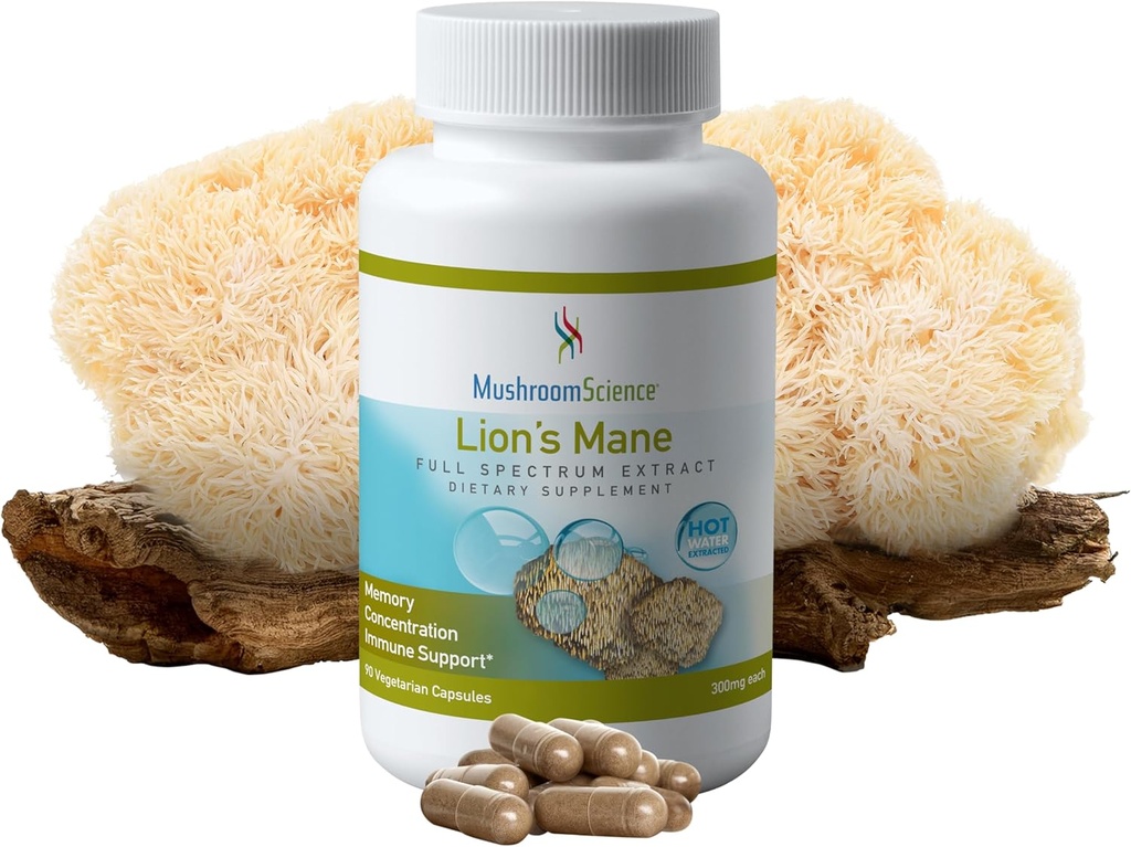 MushroomScience Lions Mane Mushroom Capsules, Geheugen & Concentratie Ondersteuning, Volledig Spectrum Extract, Paddestoel Supplement voor Volwassenen, Warmwater Extracted Paddestoelen, Vegetarisch, 300MG, 90 ct