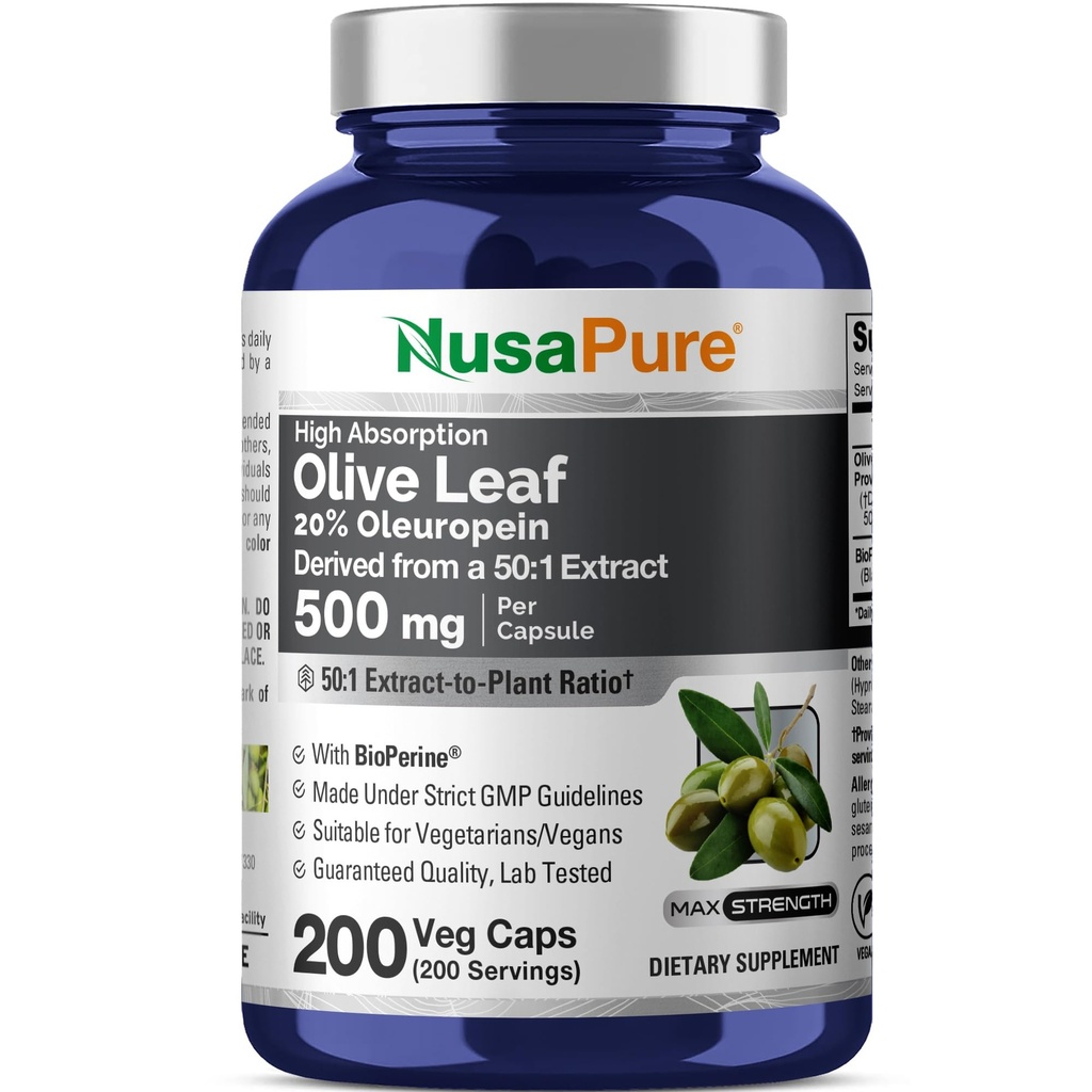 NusaPure Olive Leaf 20% Oleuropein 50:1 Extract, 500 mg Equivalent aan 25.000 mg 200 Veg Caps Geschikt voor vegetariërs en veganisten, niet-GMO