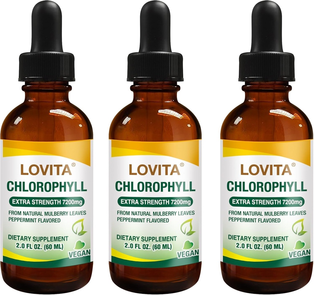 Lovita Chlorofyl Liquid Drops, High Potency 120 mg/ml, 7.200 mg per fles, Natural Energy Booster & Immune Support, Internal Deodorant, Skin Health, Vegan & Non-GMO, Mint Flavor, 180 Servers
