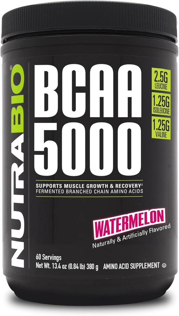 NutraBio BCAA 5000 Powder - Vegan Fermented BCAA's - Ondersteunt spiergroei, herstel, duurzaamheid - 60 porties - Watermeloen