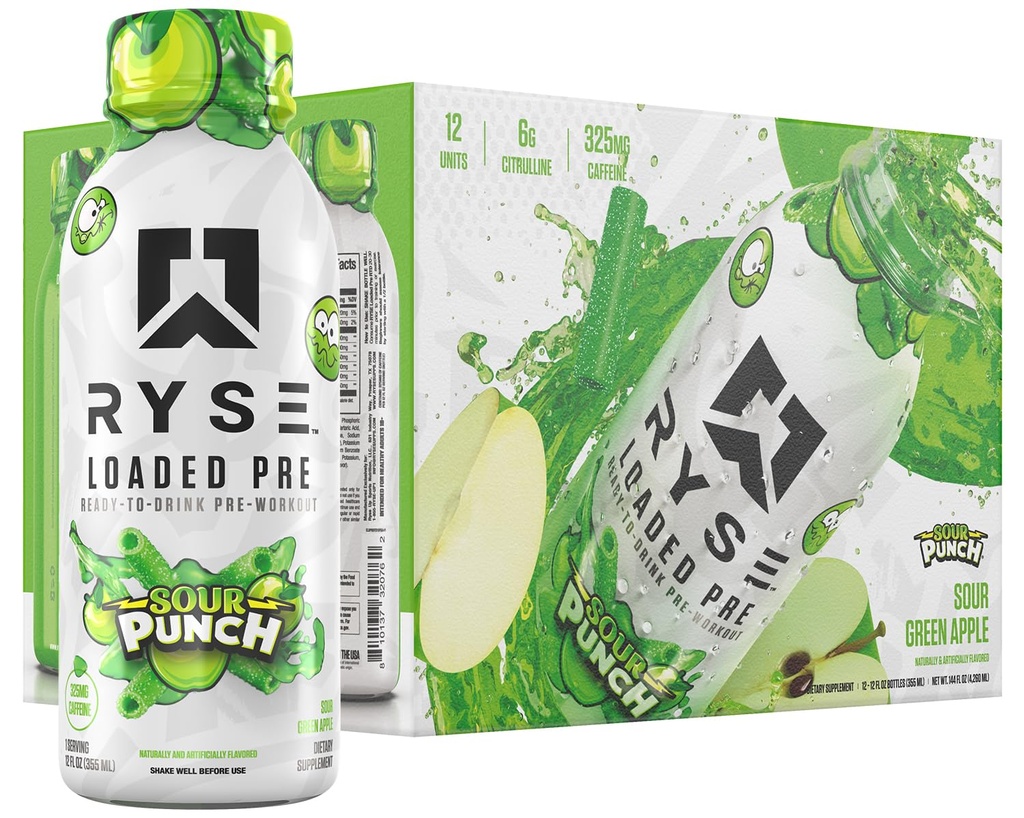 RYSE Loaded Pre Workout Drink - Sour Punch Green Apple - Sugar-Free, Ready to Drink Energy Supplement with 325mg Caffeine, Citrulline & Beta Alanine for Focus & Pump - 12 fl oz Bottles (Pack of 12)
