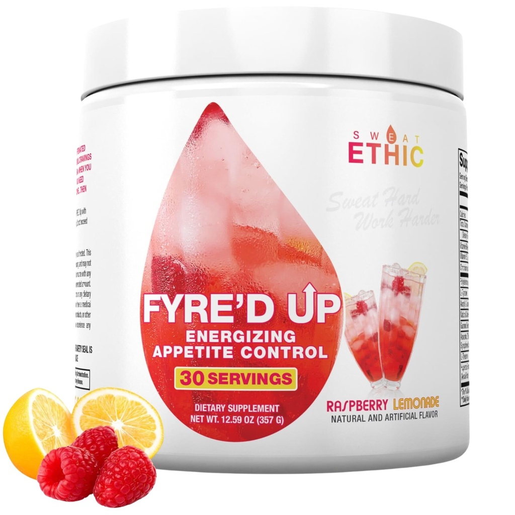 Sweat Ethic FYRE’D UP, 200MG Natural Caffeine, Supports Active Lifestyle & Dietary Control, Easy-Mix Powder for Pre Workout Energy, Raspberry Lemonade Flavor, 30 Srvgs