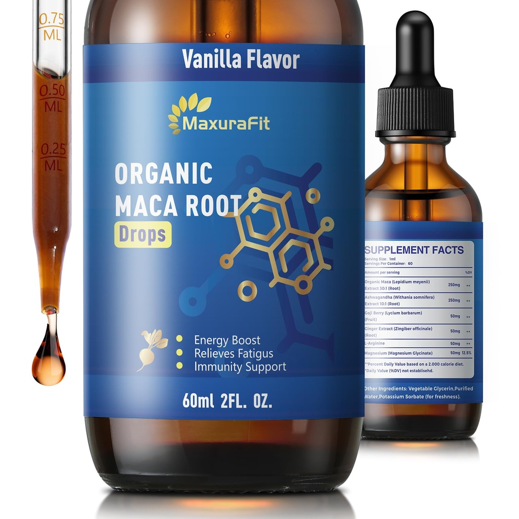 Maca Root Ashwagandha Liquid Drops - Maca and Ashwagandha Supplements with Goji Berry,Ginger Extract,L-Arginine and Magnesium Enhanced Energy 2 fl oz