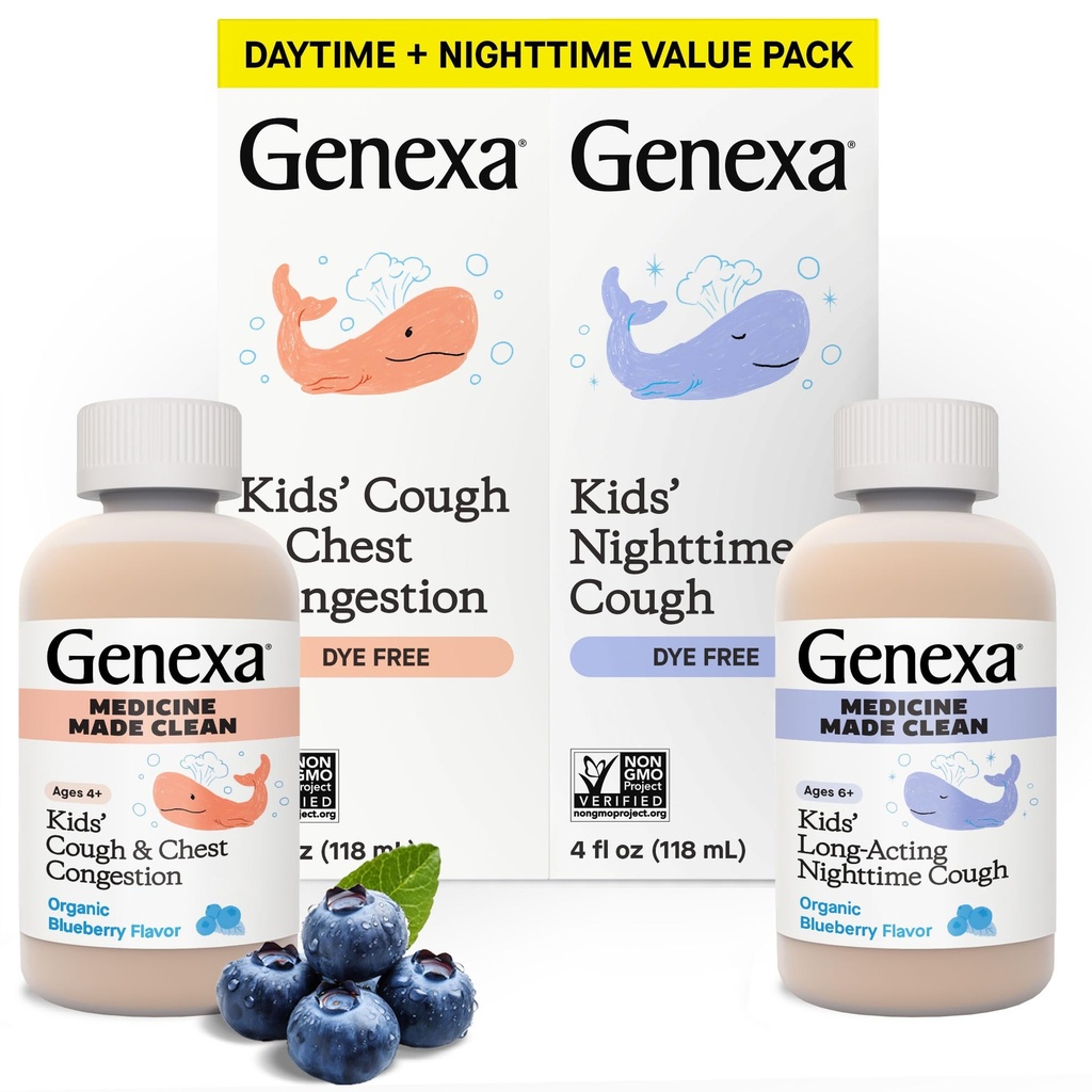 Genexa Kids' Clean Day & Night Cough Medicine, Dye Free, 0% kunstmatige additieven, kinderhoest, borstcongestie, Runny neus & niezen Relief, Leeftijden 6+, Biologische Blueberry Flavor, 8 fl oz (2 Pack)