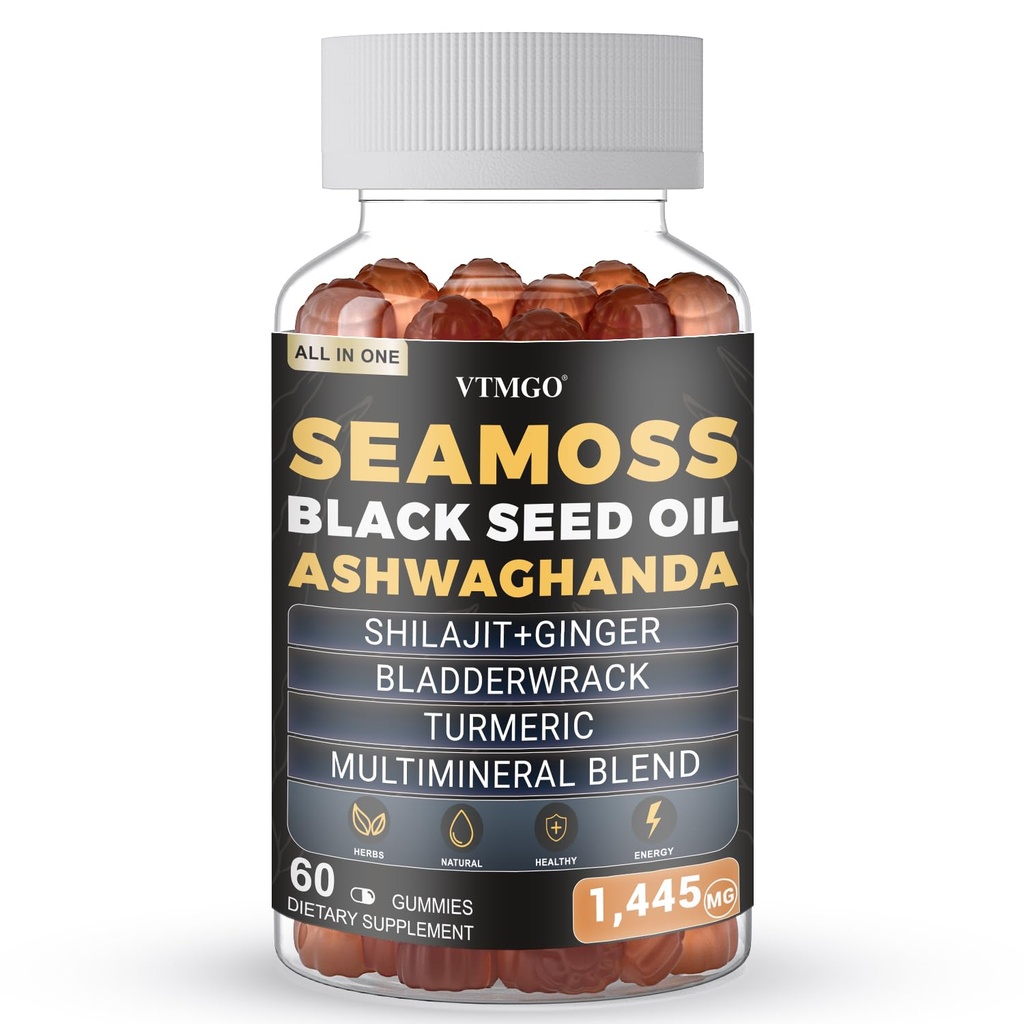 Sea Moss Gummies All-in-One | Sea Moss, Black Seed Oil, Ashwagandha & Shilajit | Bladderwrack, Turmeric & Multimineral Blend | Vitamin C & D3 | 60 Gummies