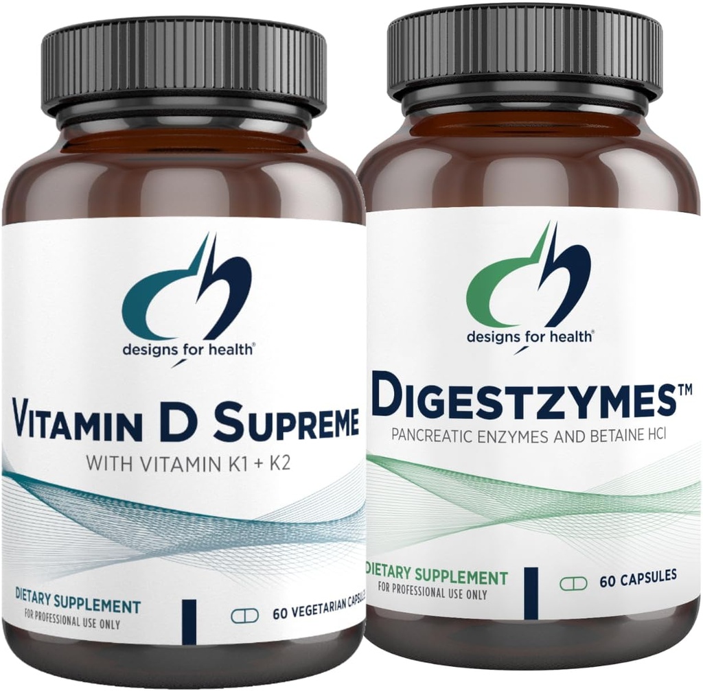 Designs for Health Vitamin D Supreme + Digestzymes Digestieve Enzymen Bundle - Vitamine D3 5000 IE met 2000mcg Vitamine + Digestie Ondersteuning Enzymen met Betaine HCl - 2 Producten