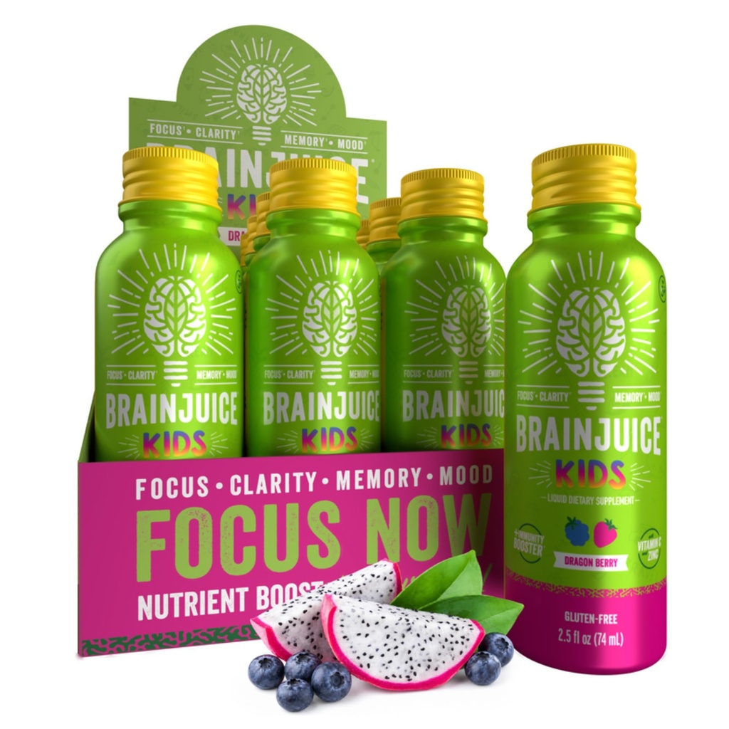 BrainJuice Kids Brain & Immune Support Shot, Glutenvrije Supplement Shots voor energie, focus, immuniteit met vitamine D, C, B, Alpha GPC & Biologische Gemberwortel, leeftijden 5+, Dragon Berry, 2,5 fl oz, 12 Pack