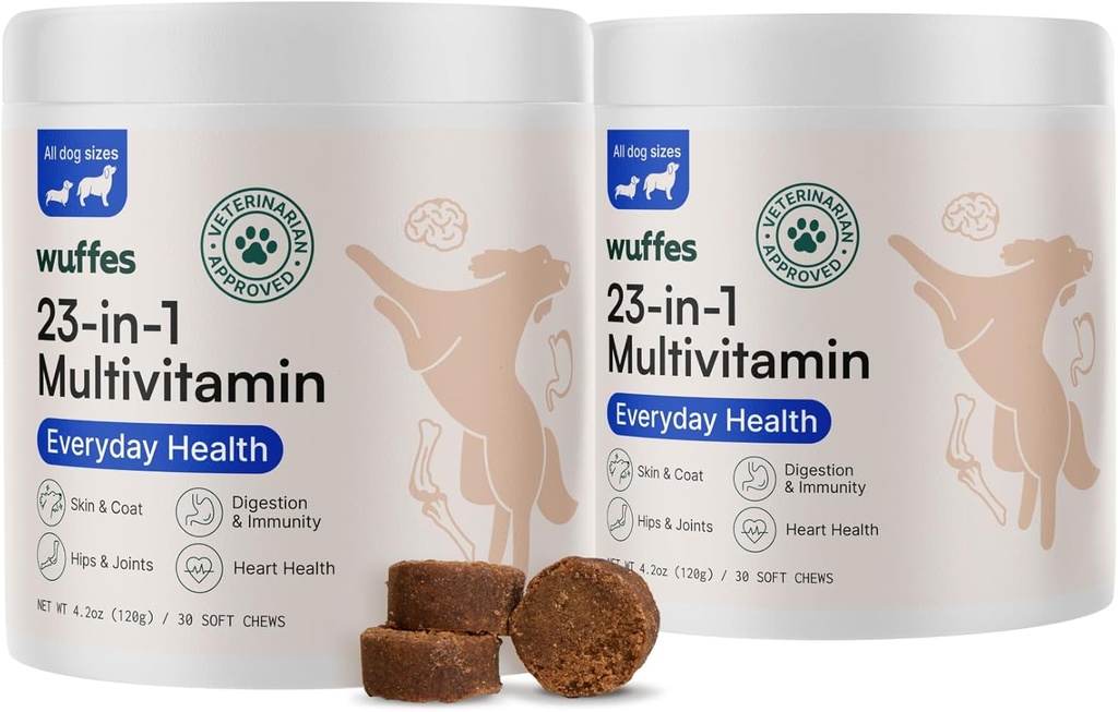Wuffes 23-in-1 Kauwbare hond Multivitamine&Supplements Bundle - Honden Multivitamine voor Small&Large Ras - 2 Pack - 60 Tel.