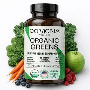 Pomona Wellness Super Greens Supplement, Vol met Superfood Vitaminen & Mineraal, Fruit & groente, Groenen Poeder voor opgeblazen en spijsvertering, Gut Health, USDA Biologische, Niet-GMO, 60 tabletten
