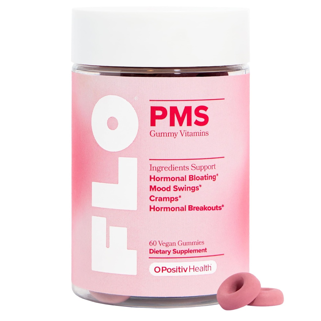 O Positiv FLO PMS Gummies for Women - Proactive PMS Relief - Targets Hormonal Breakouts, Bloating, Cramps, & Mood Swings with Chasteberry, Vitamin B6, & Lemon Balm - PMS Gummies (Pack of 1)