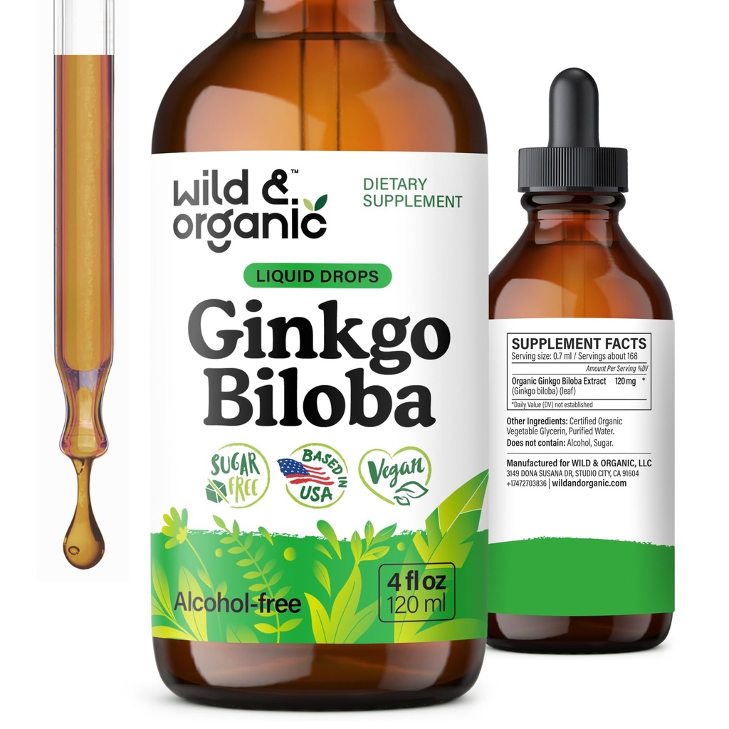Wild & Organic Ginkgo Biloba Extract Drops - Hersen & Focus Support - Liquid Ginkgo Biloba Supplements - Vegan, Sugar & Alcohol-Free Herbal Tinctuur - 4 fl oz