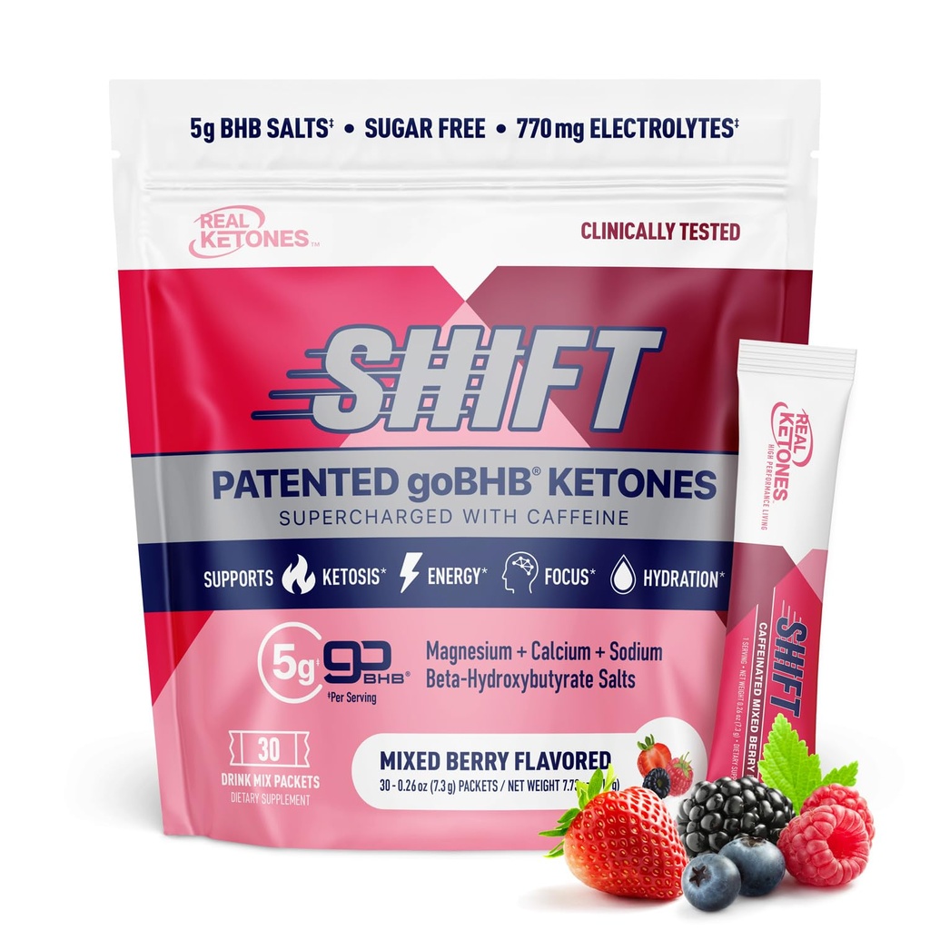 Real Ketones BHB Exogene Ketones Drink Mix Packets Keto Electrolytes Powder Packets No Sugar with 4 Main Fasting Electrolytes Plus Hydrating Patented Keto BHB - 30 Tel gemengde Berry Cafeine