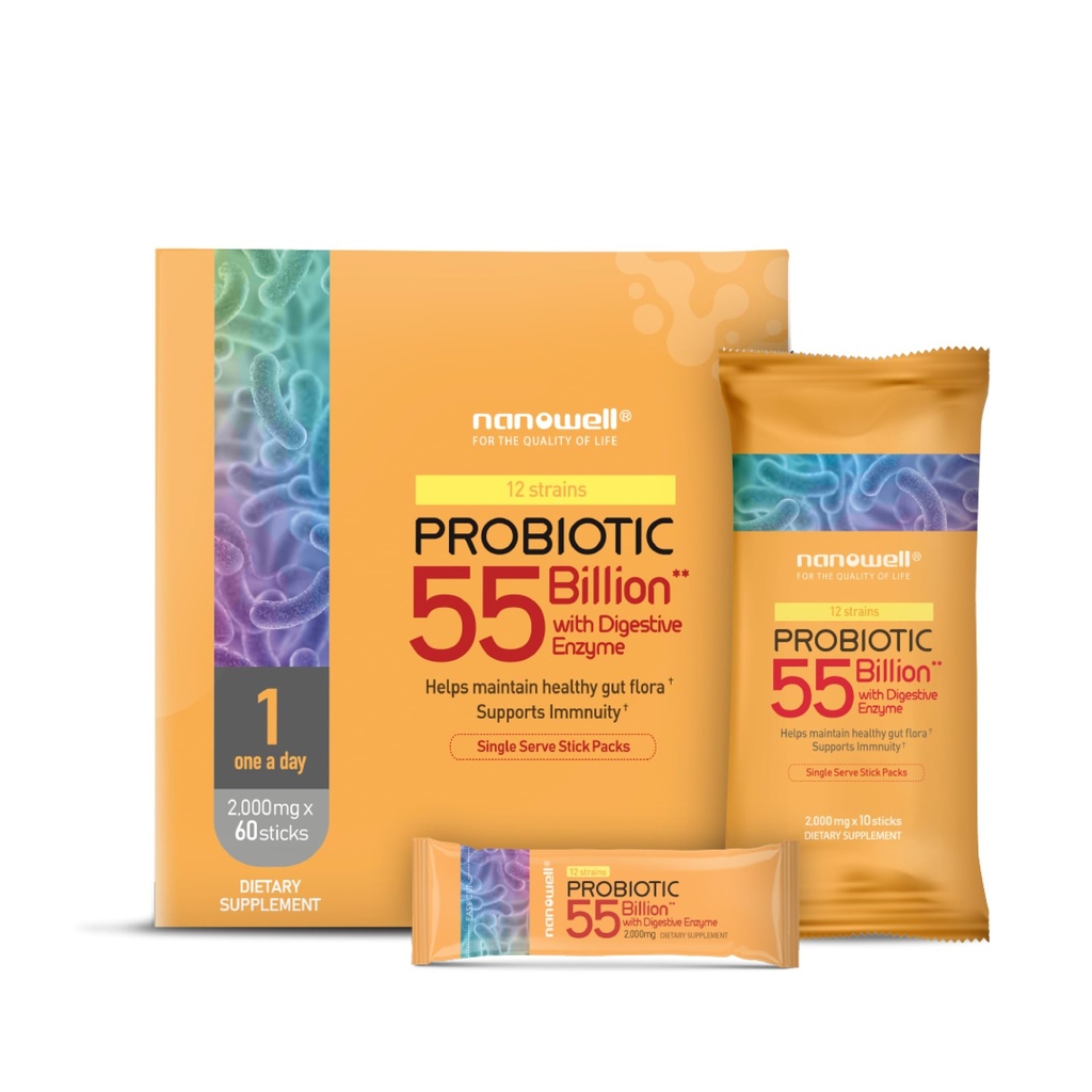 NANOWELL 12 Strains Probiotic 55 Billion CFU with Digestive Enzymes Powder - Immune Support, Gut Health, Probiotics, Prebiotics & Postbiotics - 60 Sticks, 60 Day Supply