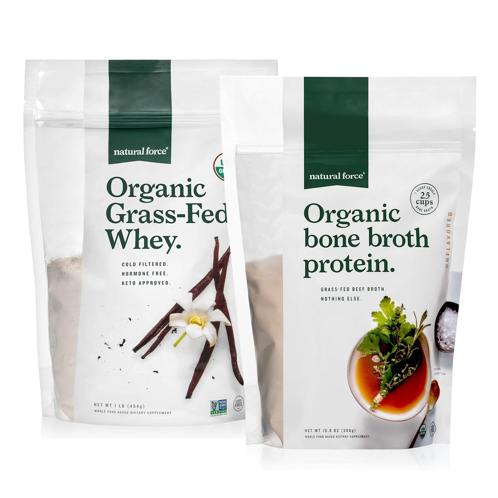 Natural Force Grass Fed Organic Whey Protein Powder Vanilla Flavor 16 oz Pure Organic Bone Broth Protein Powder 10.8 oz
