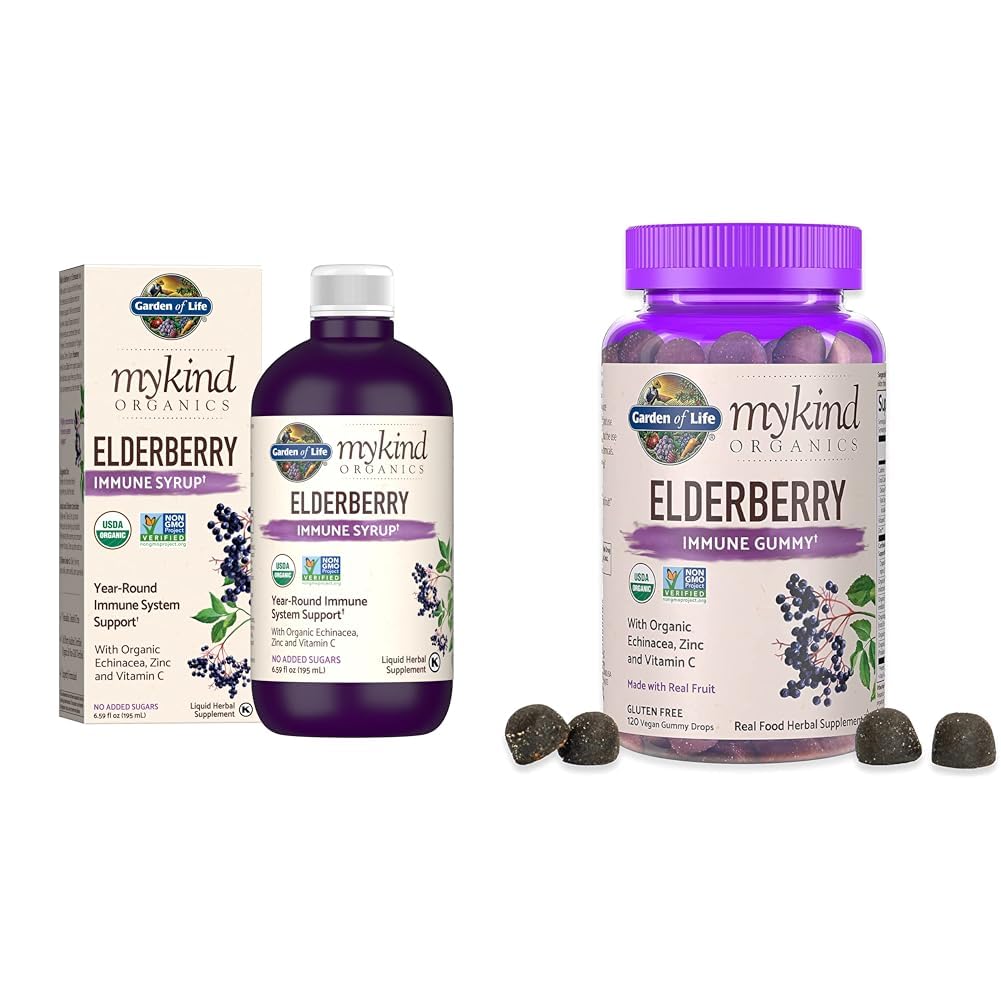 Tuin van het leven Organics Plant-Based Vlierbessen Immune Siroop 6,59 fl oz & Organics Vlierbessen Gummies voor volwassenen en kinderen