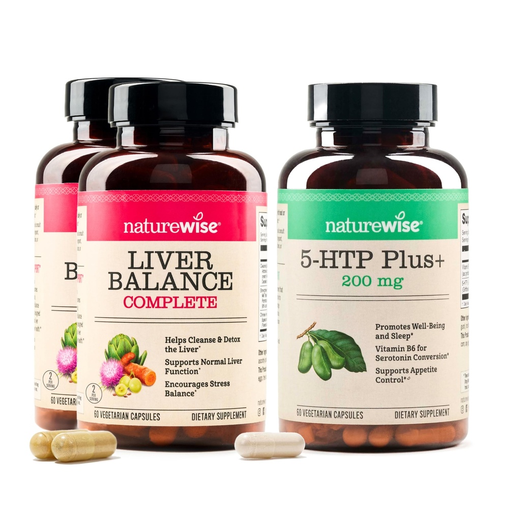 NatureWise (Pack of 2) Liver Balance - Milk Thistle, Dandelion, Turmeric - 60 Capsules[30-Day Supply] + [1] 5-HTP 200mg + Vitamin B6 - Non-GMO, Vegan - 60 Capsules[60-Day Supply]