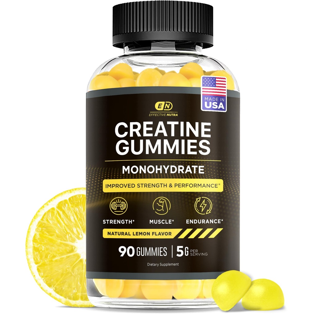 Effectieve Nutra Creatine Monohydraat Gummies - 1g Creatine per Gummy - Vegan Muscle & Strength Supplement voor mannen en vrouwen - Ondersteunt Spiergroei, Energie, Endurance - Citroen Smaak, Made in USA (90ct)